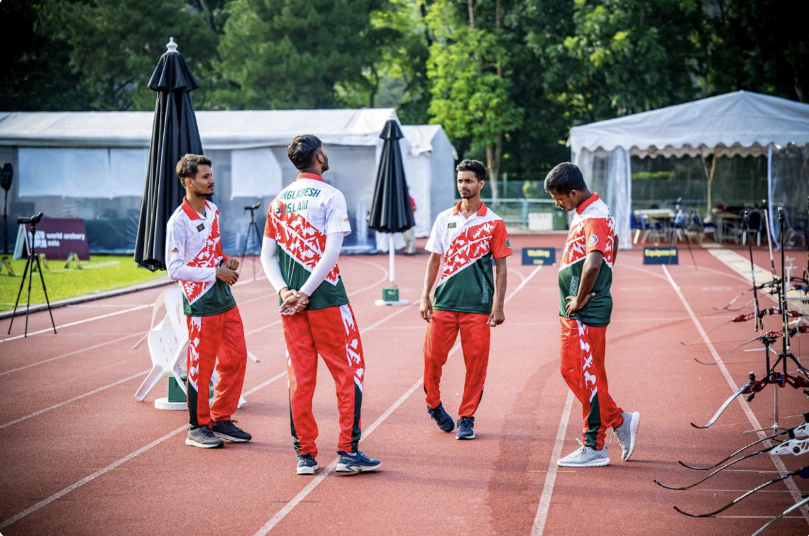 Abdur Rahman Alif with his Bangladesh recurve men teammates in Singapore.