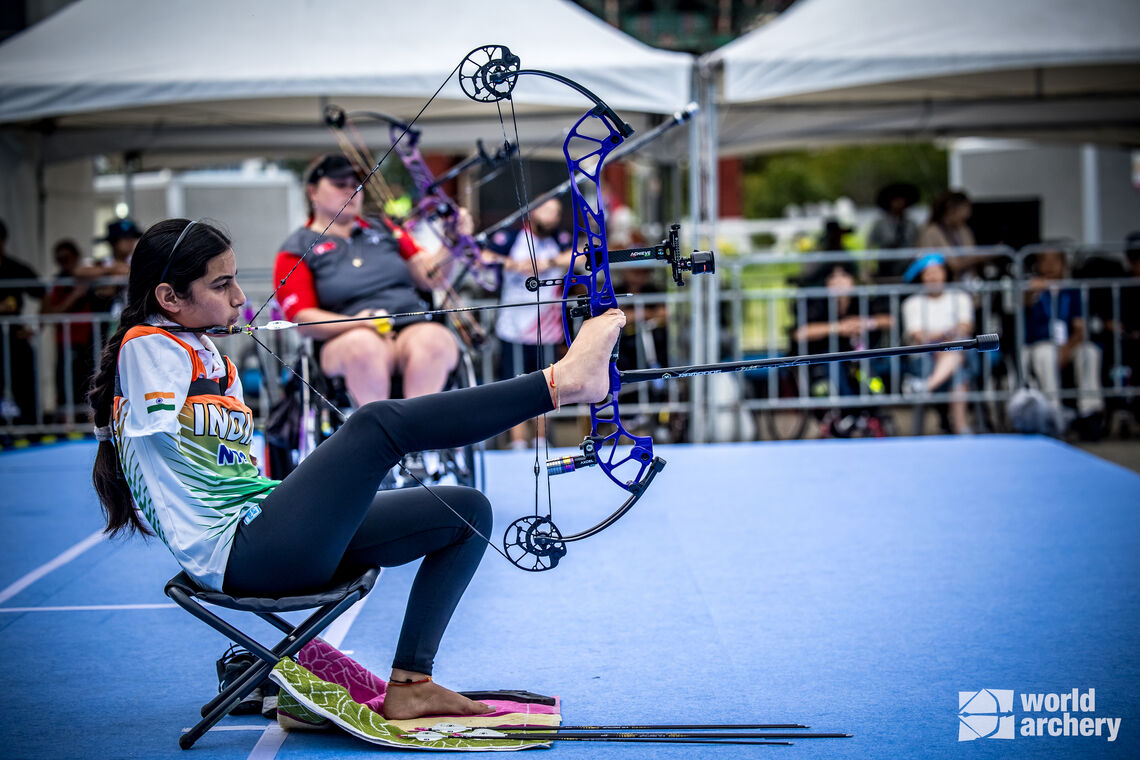 Sheetal Devi shooting in the gold medal match at Gwangju 2025 World Archery Para Championships.