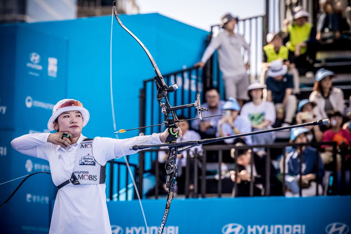 Kang Chaeyoung shooting at Gwangju 2025 Hyundai World Archery Championships.