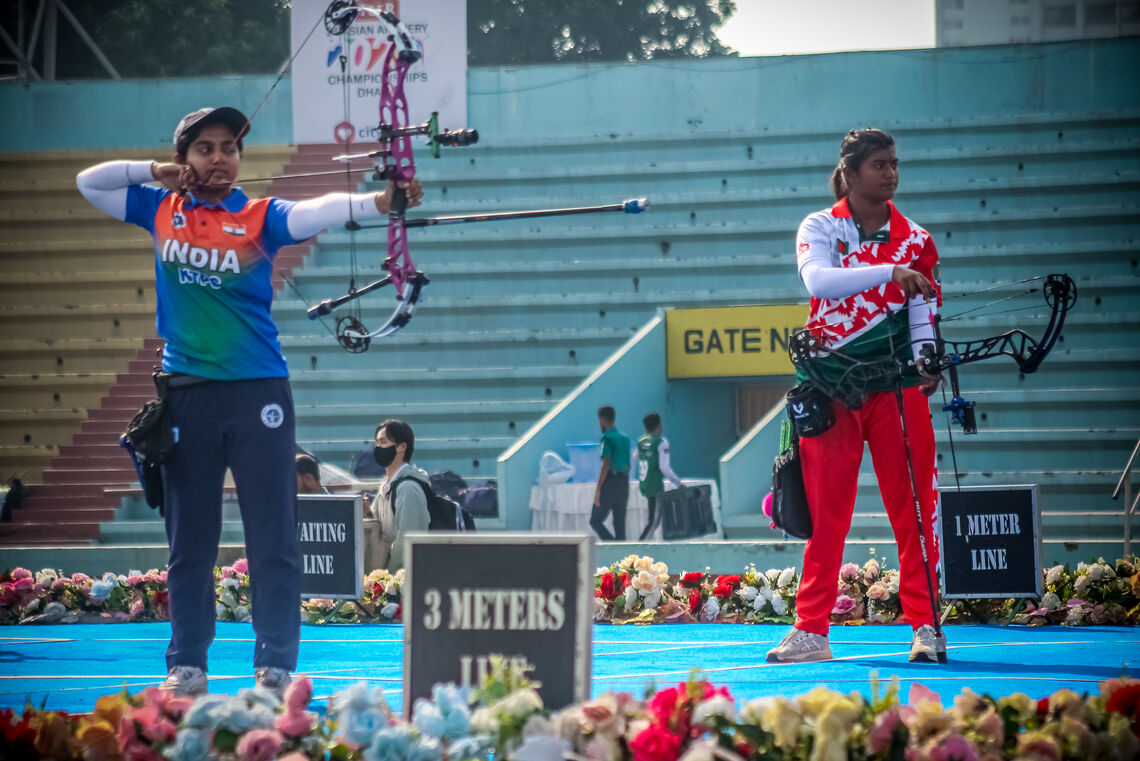 Prithika Pradeep and Most Kulsum Akther Mone shooting in semifinals at the 2025 Asian Championships.