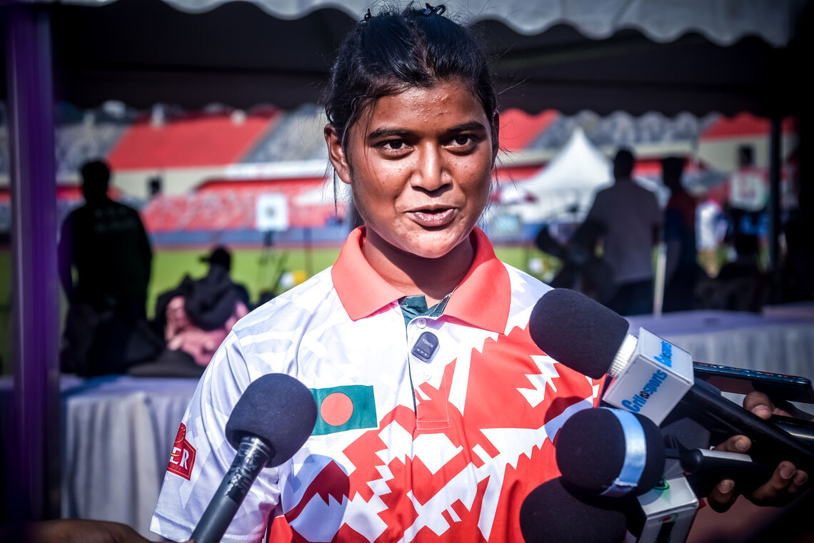 Bangladesh’s 17-year-old Most Kulsum Akther Mone answers the media in Dhaka 2025.