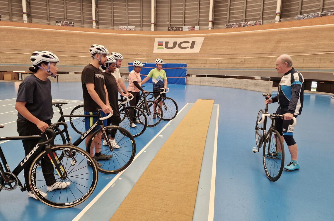 Archery coaches trying track-cycling at the World Cycling Centre in Aigle.