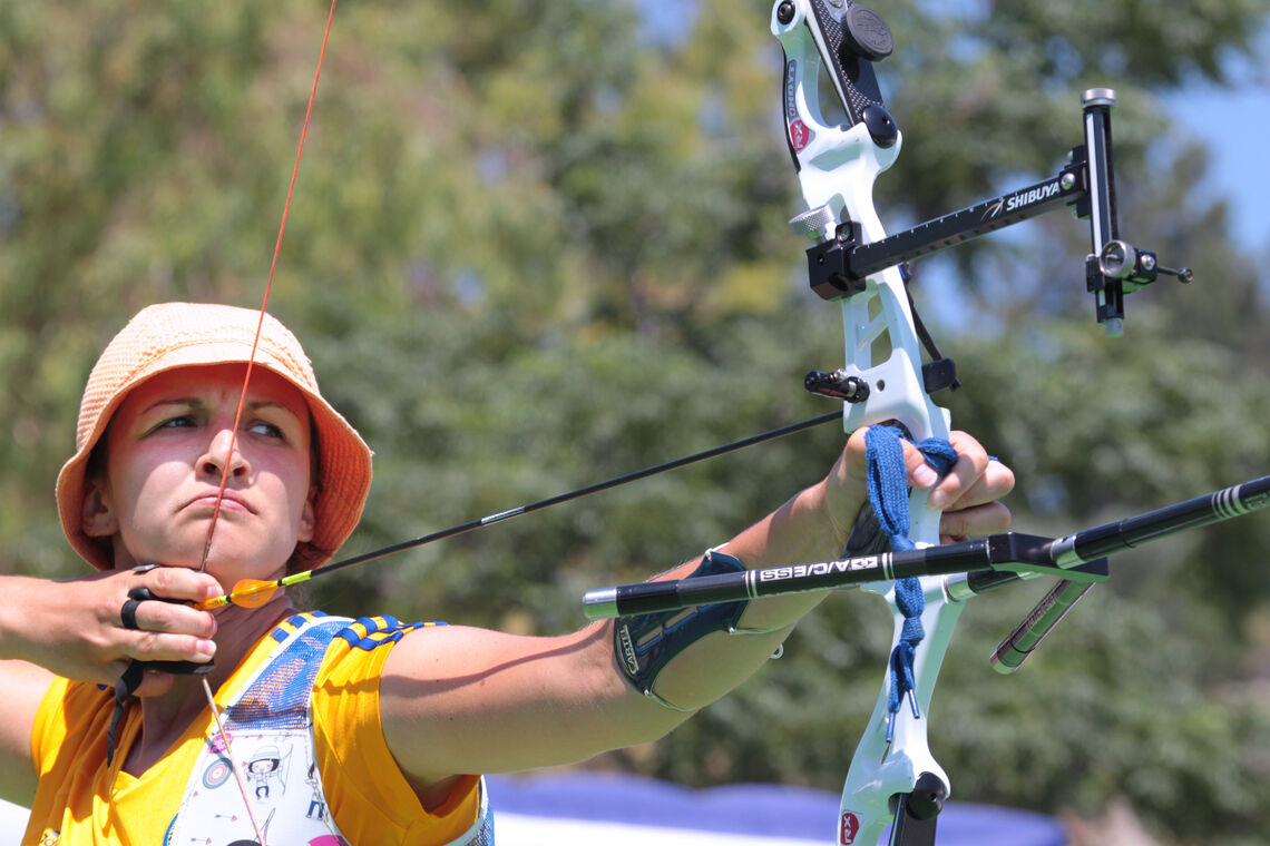 Viktoriya Koval shooting at the Antalya 2013 Archery World Cup.