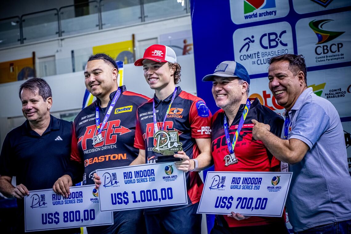 The compound men’s podium at the 2025 Rio Indoor.
