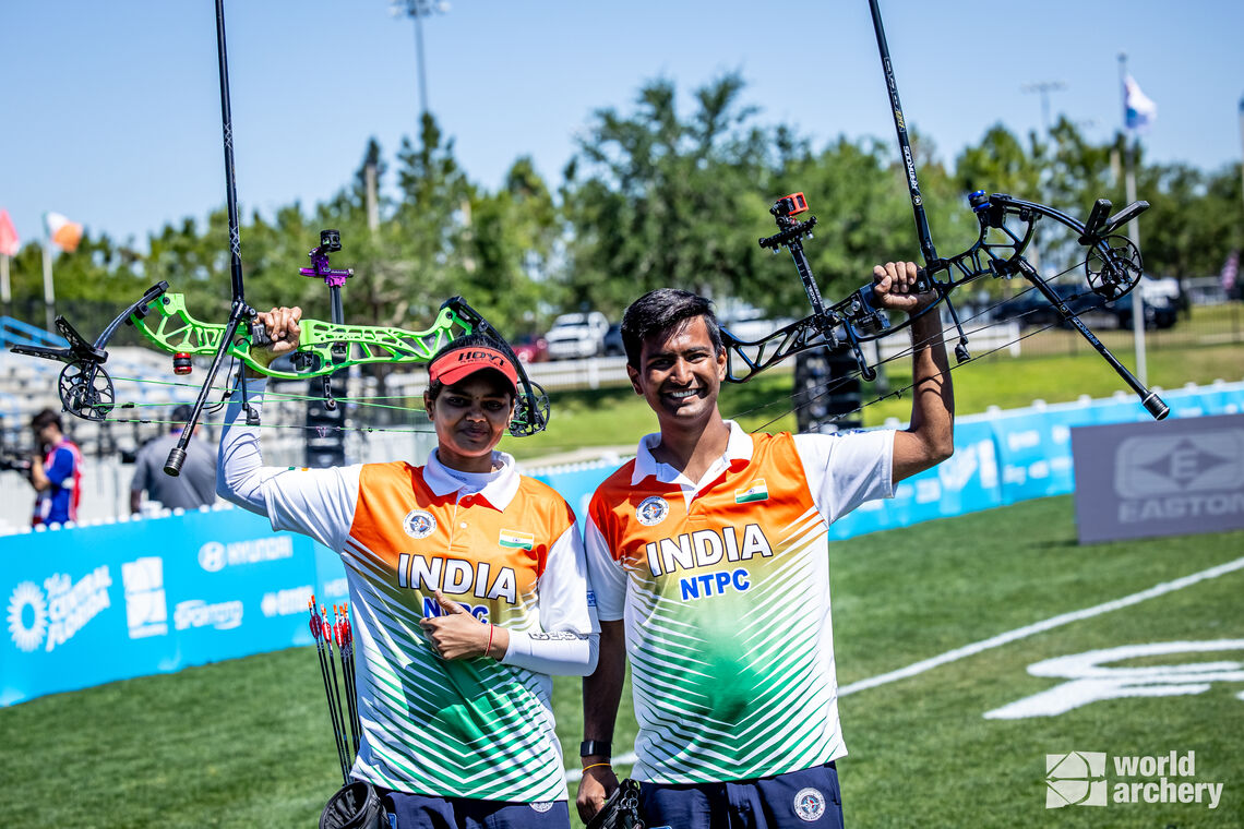 Rishabh Yadav and Jyothi Surekha Vennam at the Central Florida 2025 Hyundai Archery World Cup.