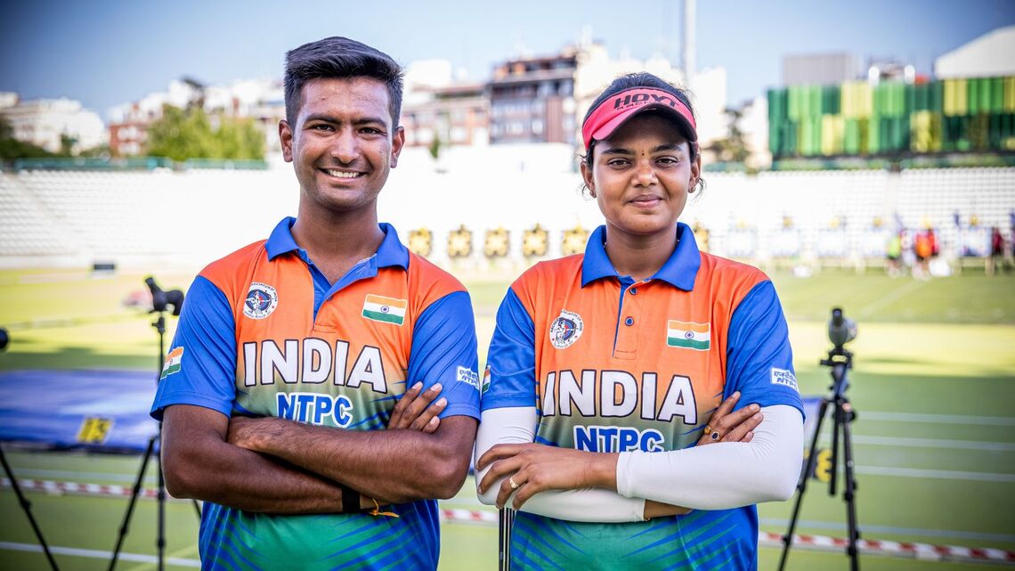 Rishabh Yadav and Jyothi Surekha Vennam at the Madrid 2025 Hyundai Archery World Cup.