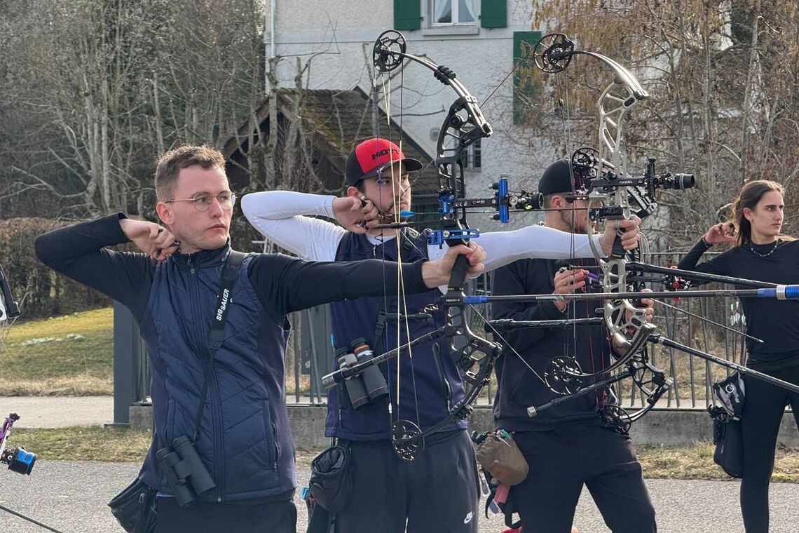 The French compound team training at the World Archery Excellence Centre in Lausanne.