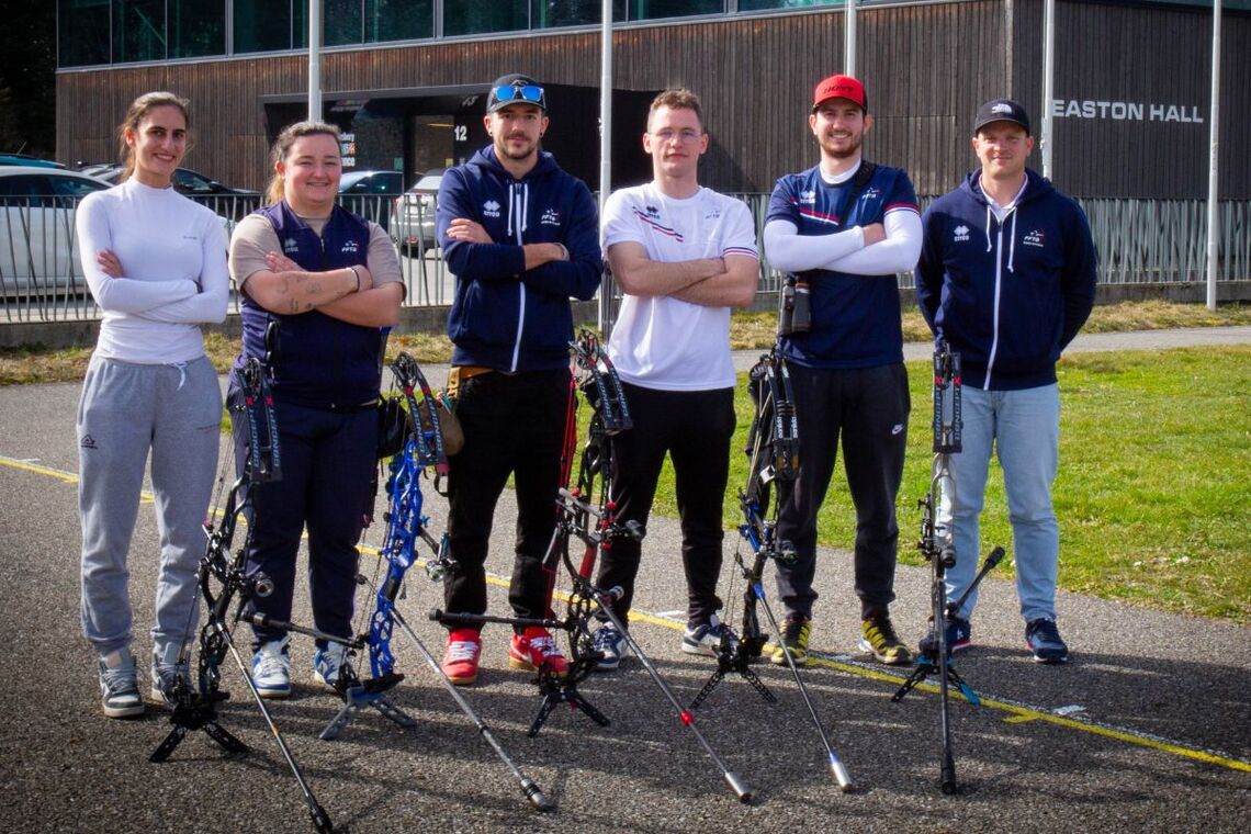 French compound team training at World Archery Excellence Centre in Lausanne.
