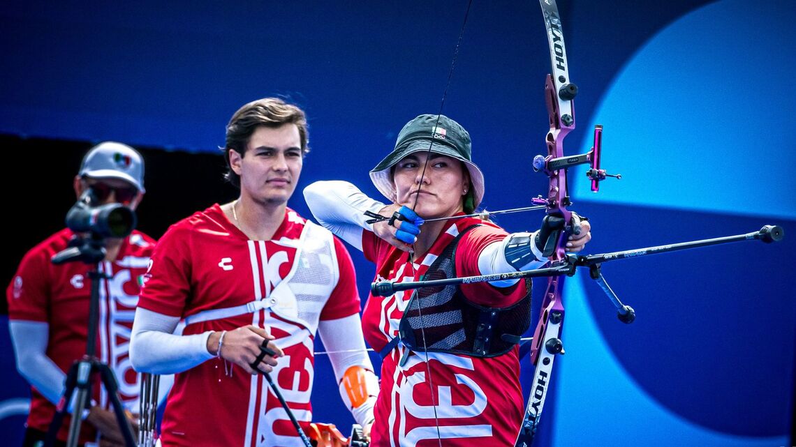 Matias Grande and Alejandra Valencia shooting mixed team at Paris 2024 Olympic Games.