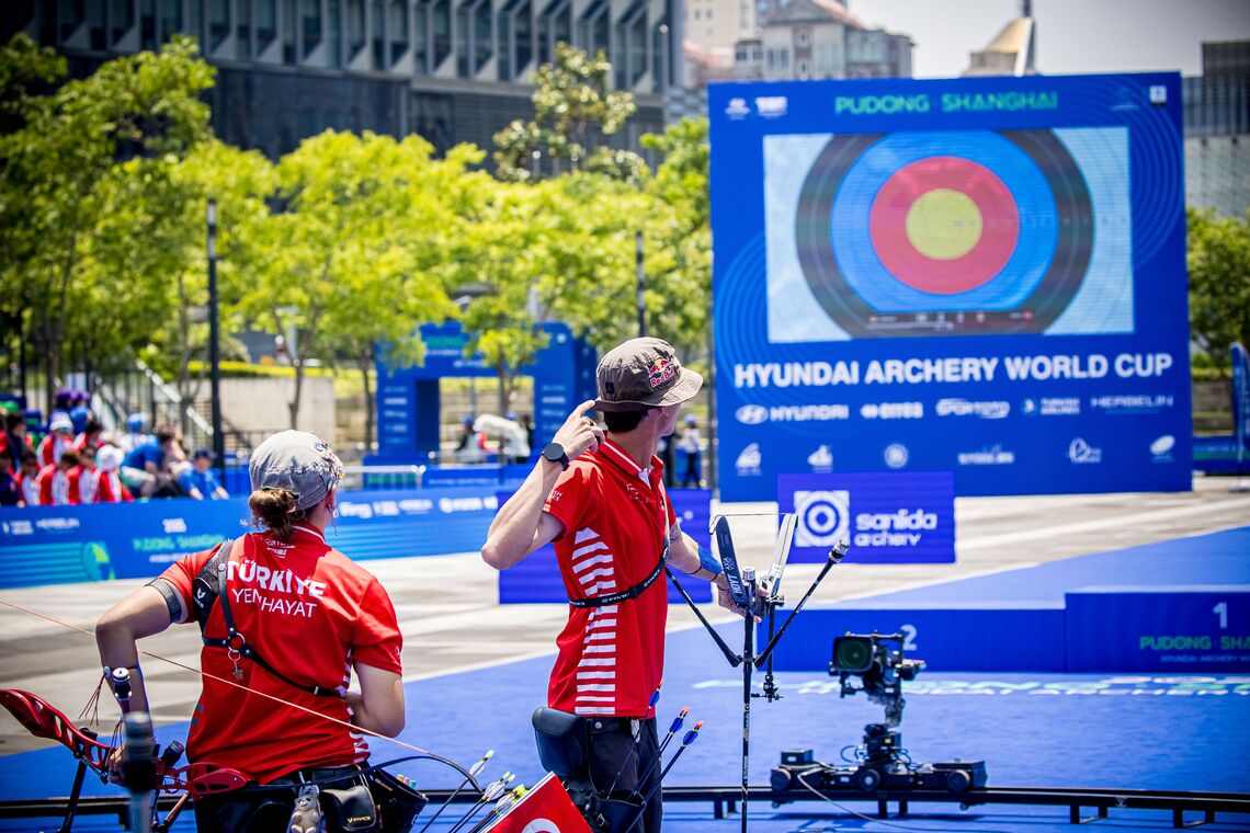 Turkish mixed team shooting at Shanghai 2025 Hyundai Archery World Cup.