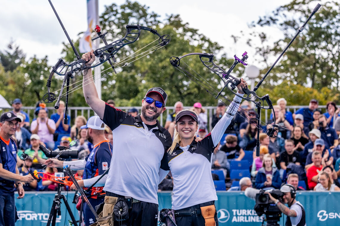 Mariya Klein and Gilles Seywert shooting mixed team finals at Berlin 2023 Hyundai World Archery Championships.