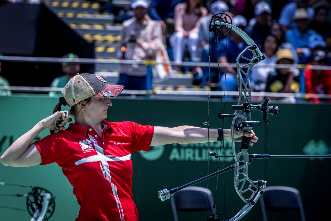 Tanja Gellenthien just after release in the compound mixed team gold medal match at Puebla 2026.