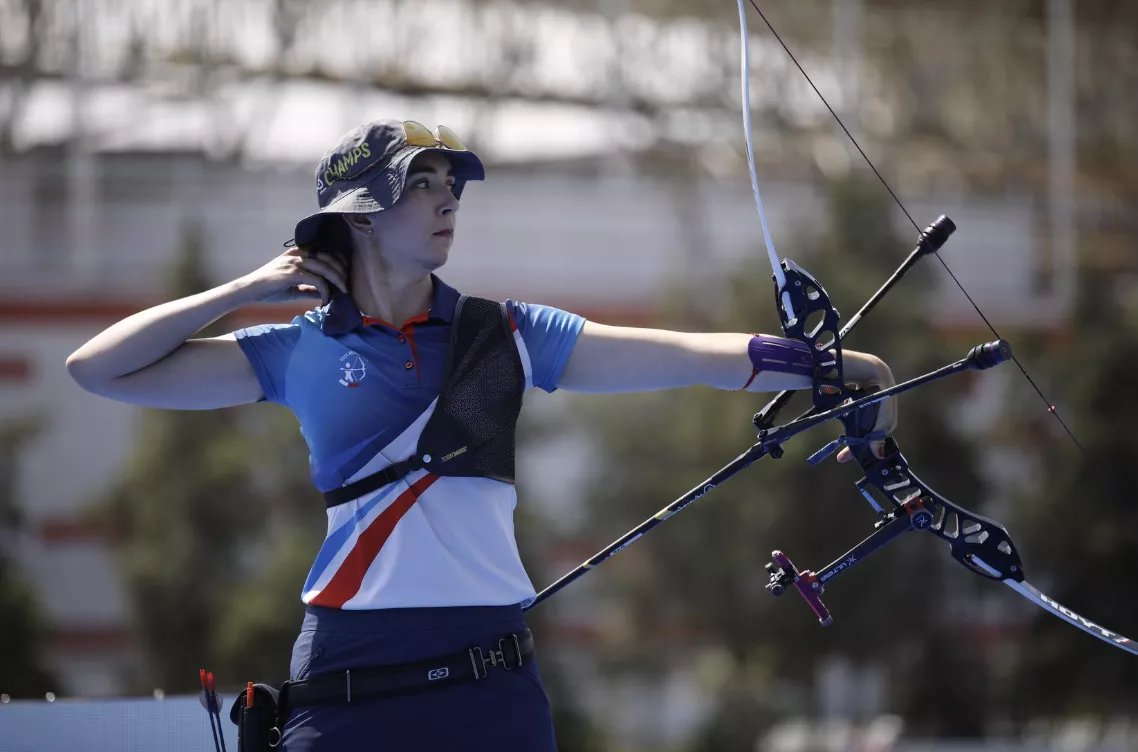 Marie Horackova just after release during the 2026 Spring Arrows recurve women gold medal match.