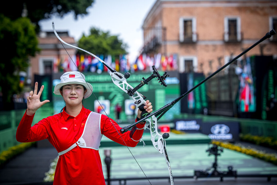 Zhu Jingyi won three gold medals at Puebla 2026 Hyundai Archery World Cup.