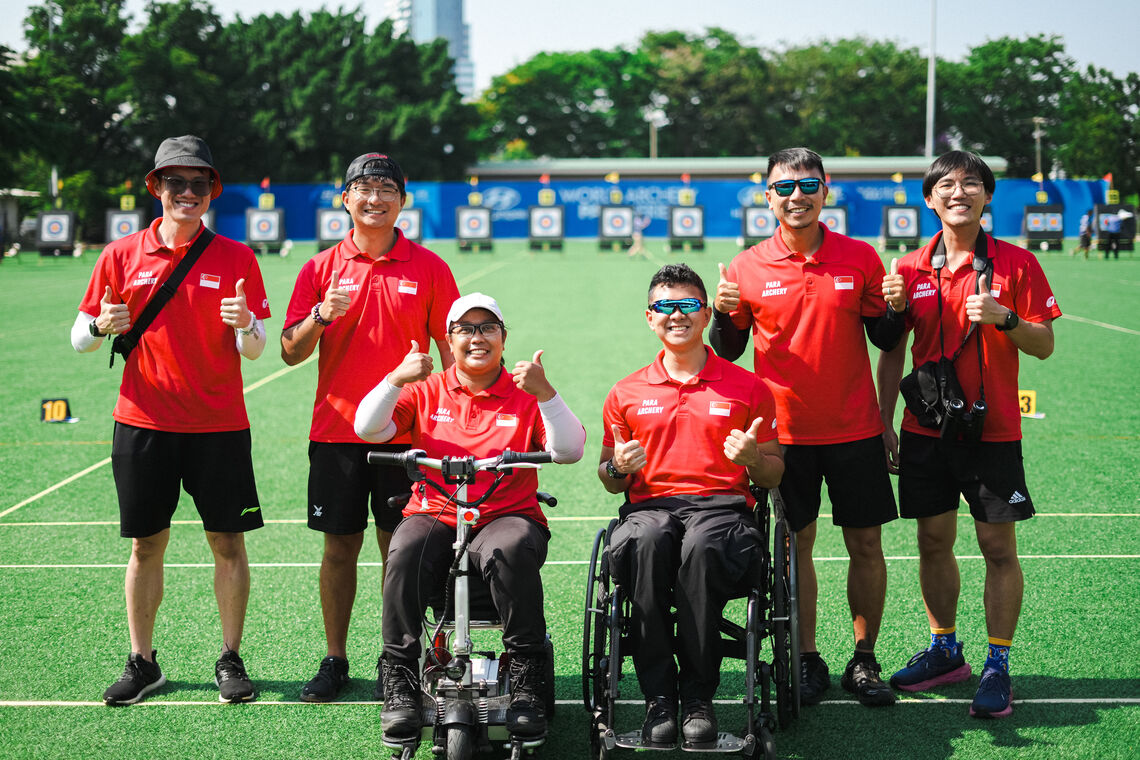 Nur Syahidah Alim with team Singapore at Bangkok 2026 Hyundai World Archery Para Series.
