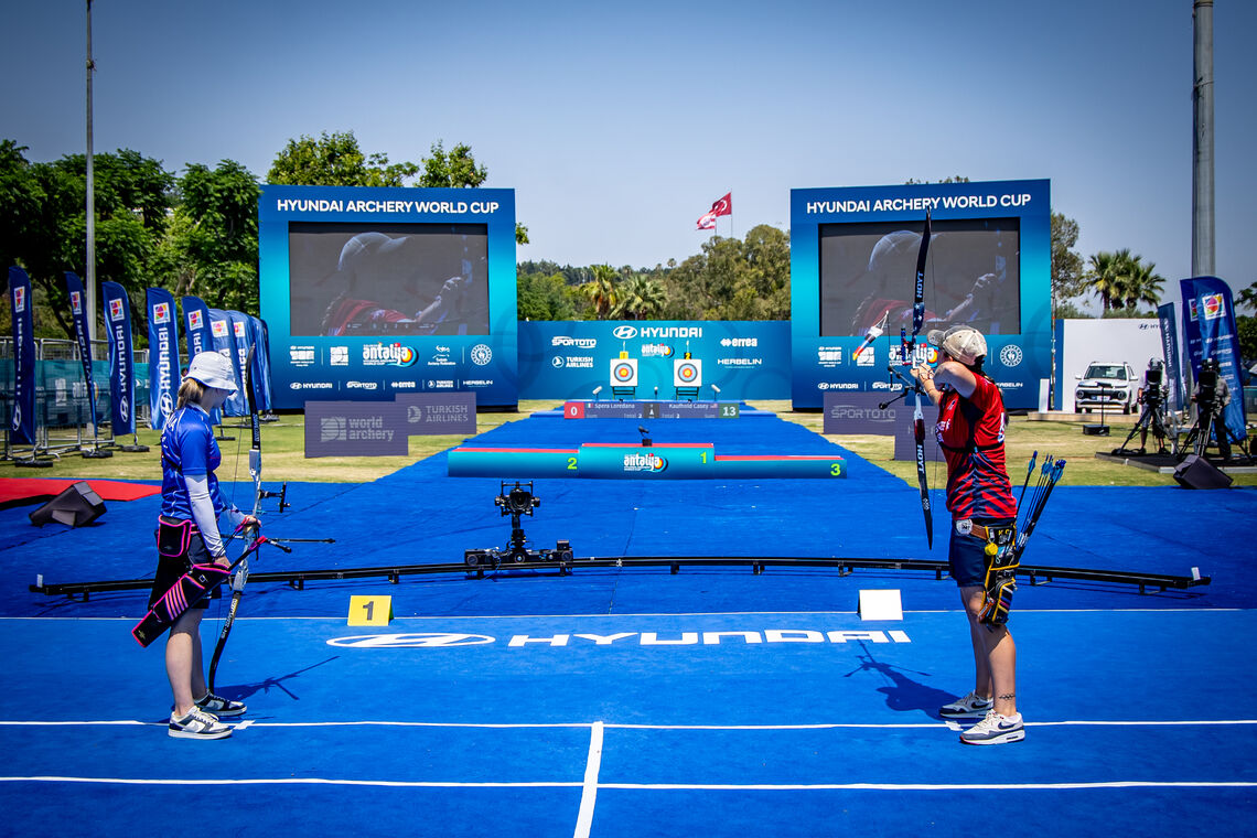 Recurve women archers aiming in a match on the final stage of Antalya 2025.