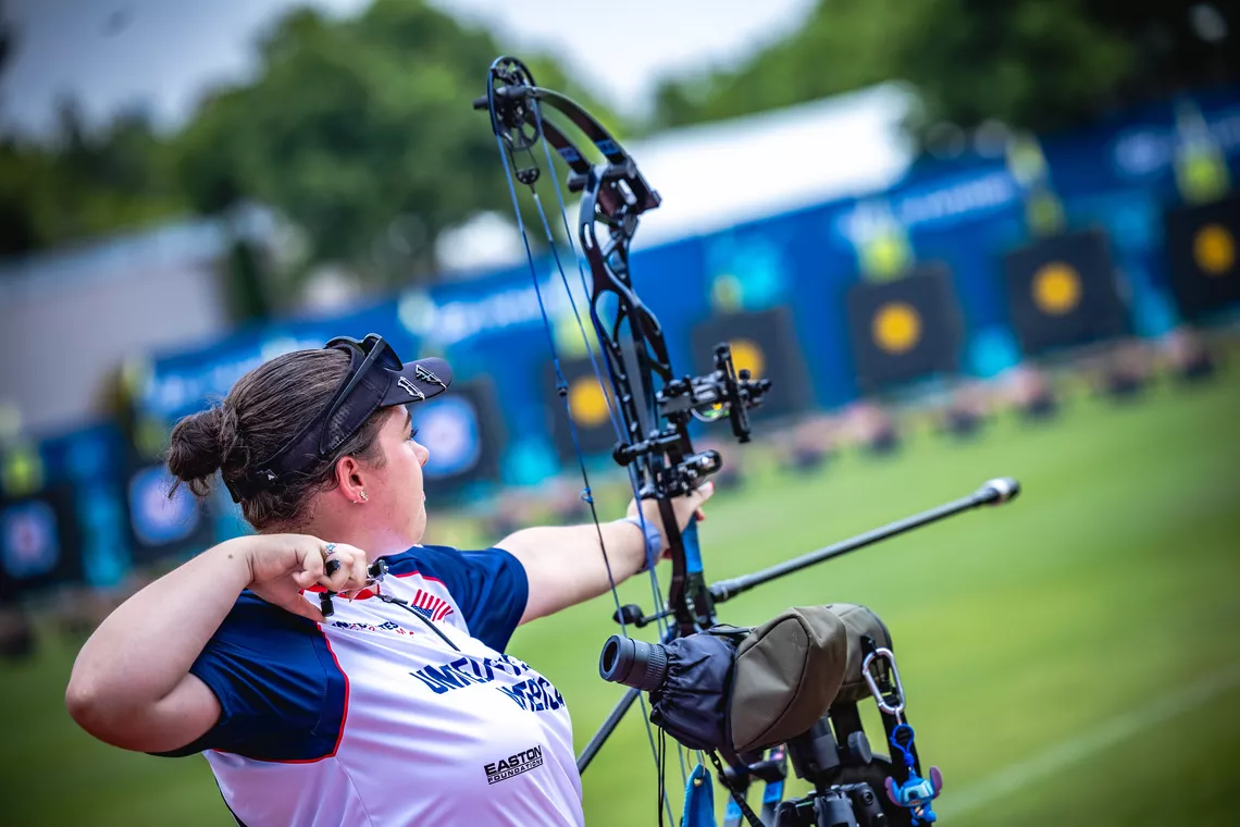 Savannah O'Donohue just after releasing a shot during a compound women match at Antalya 2026.