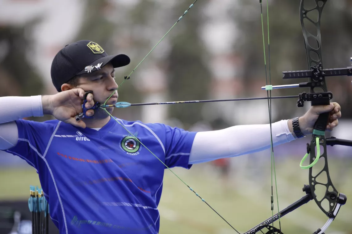Marco Morello aiming during the 2026 Spring Arrows tournament.