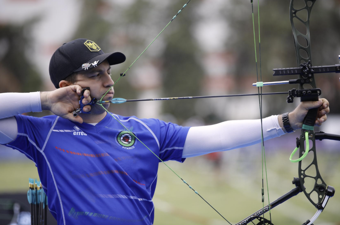 Marco Morello aiming during the 2026 Spring Arrows tournament.
