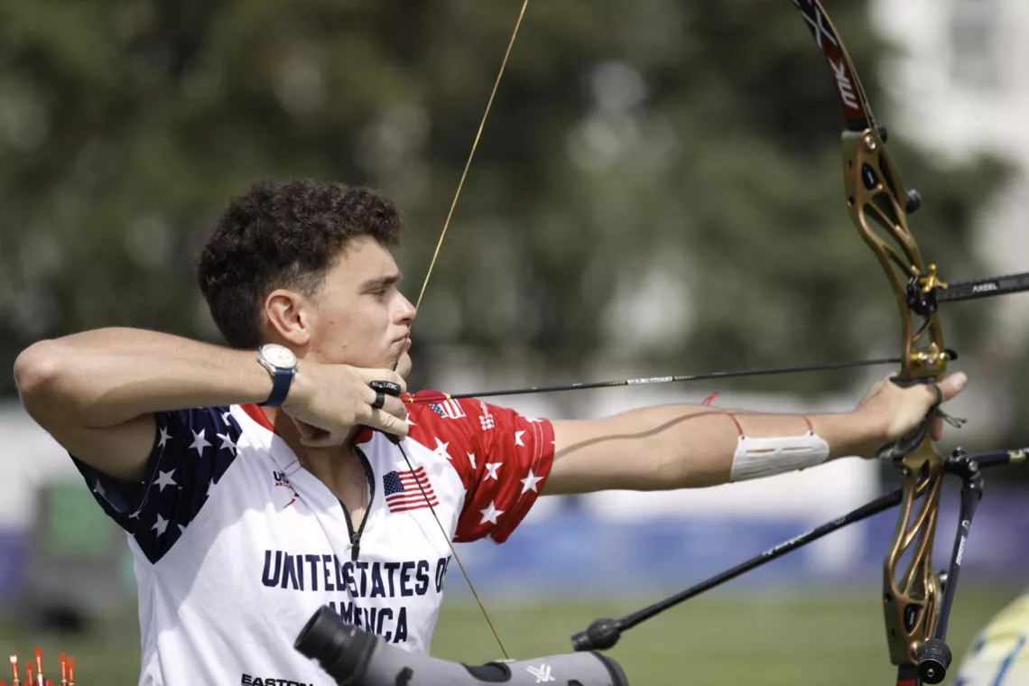 Nicholas D'Amour shooting in the 2026 Spring Arrows tournament.