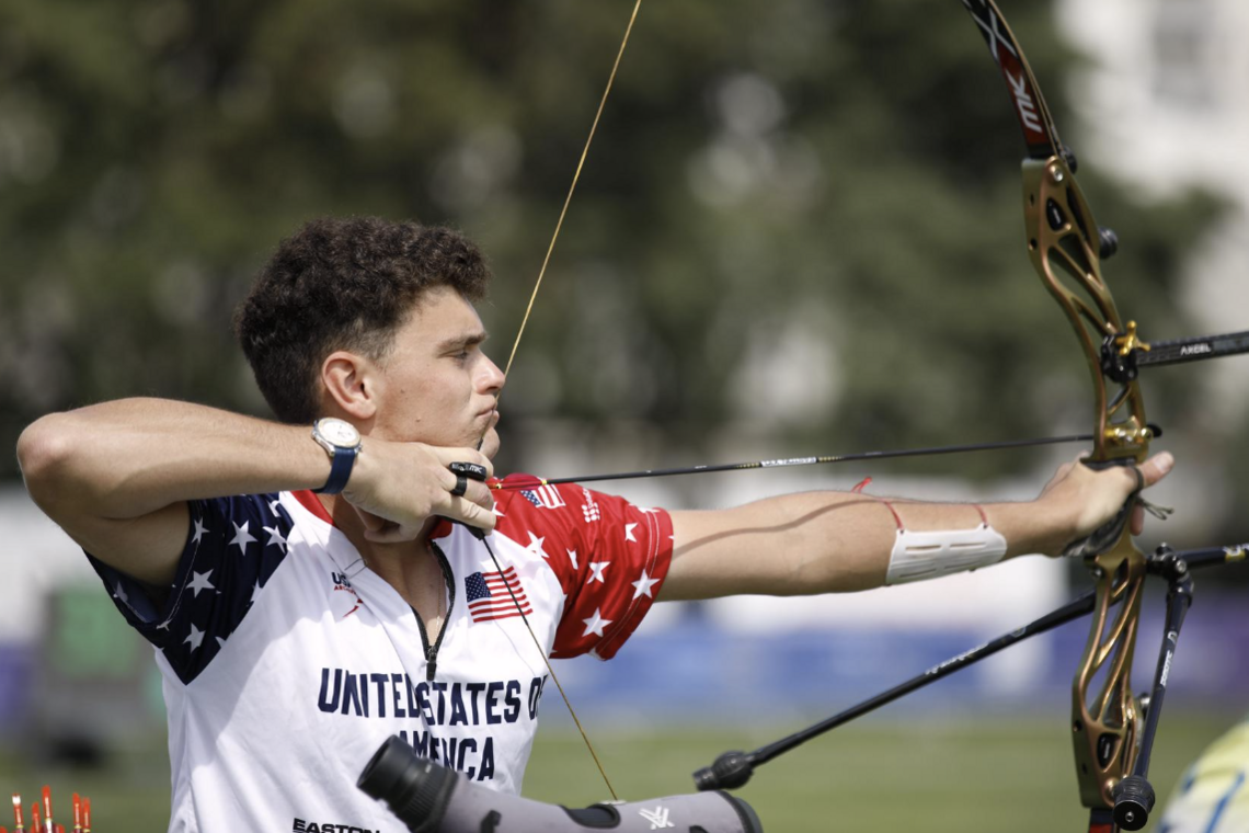 Nicholas D'Amour shooting in the 2026 Spring Arrows tournament.