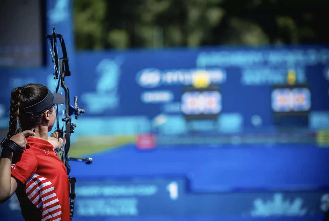Hazal Burun looking on at the target after shooting in the compound women team final at Antalya 2026.