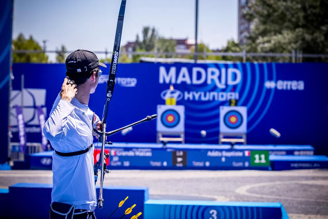 Baptiste Addis looking on after shooting an arrow at Madrid 2025. 