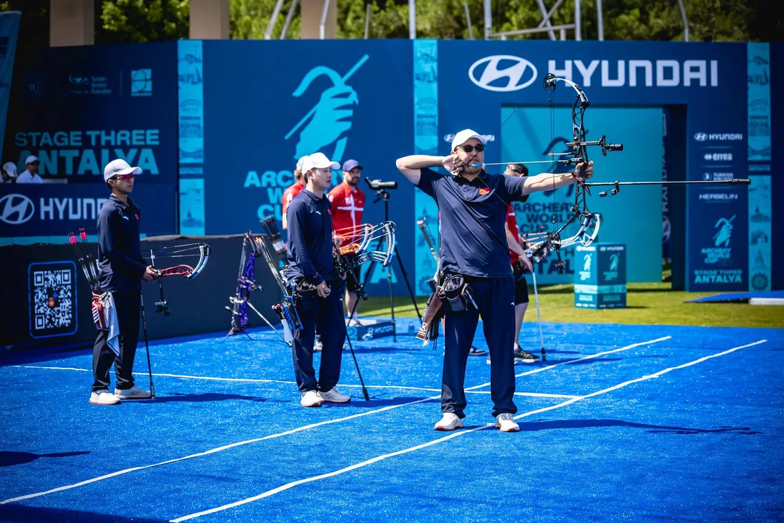 Liu Jinyi aiming against Denmark during the Antalya 2026 compound men team final.