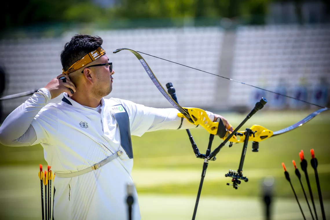 Kim Woojin topped qualifying at Madrid 2026 Hyundai Archery World Cup.