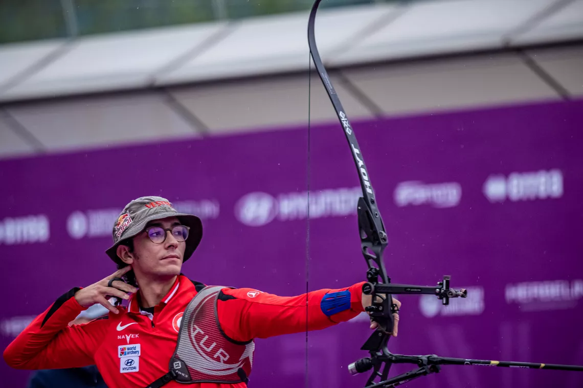 Mete Gazoz shooting at the Nanjing 2025 World Cup Final.