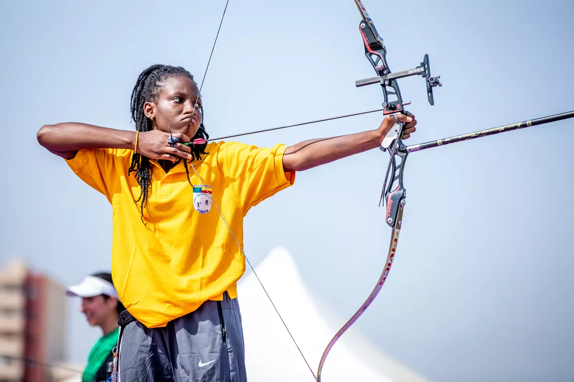 Young archer competing at Oran 2026 African Archery Championships.