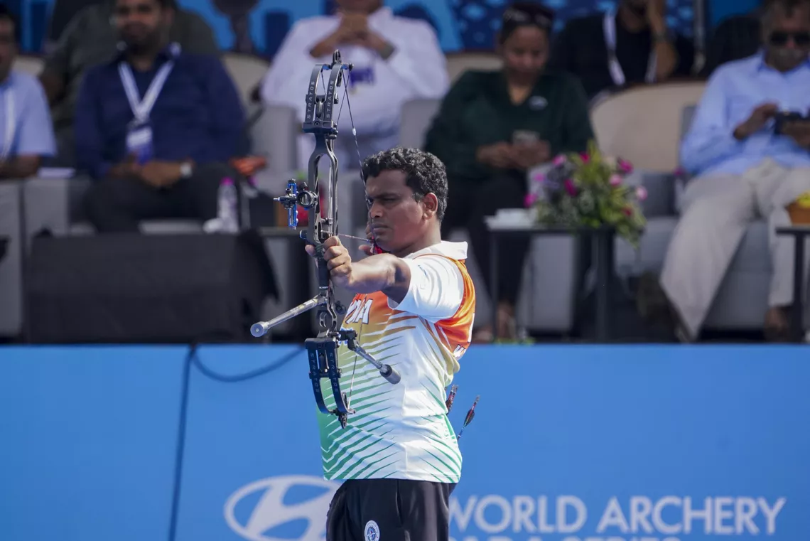 Toman Kumar shooting at Ahmedabad 2026 Hyundai World Archery Para Series.