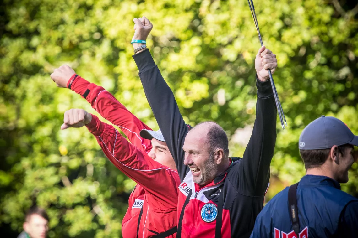 Wolfgang and Nico Wiener punching in the air at the Dublin 2016 World Field Championships. 