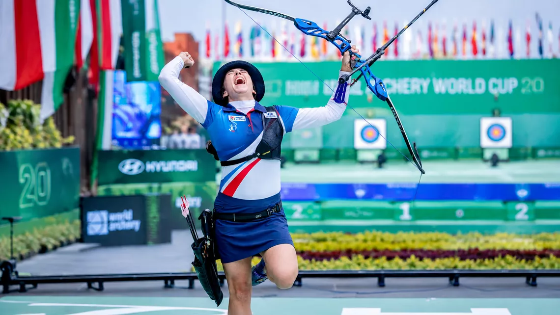 Marie Horackova celebrating after winning the recurve women World Cup Final at Saltillo 2026.