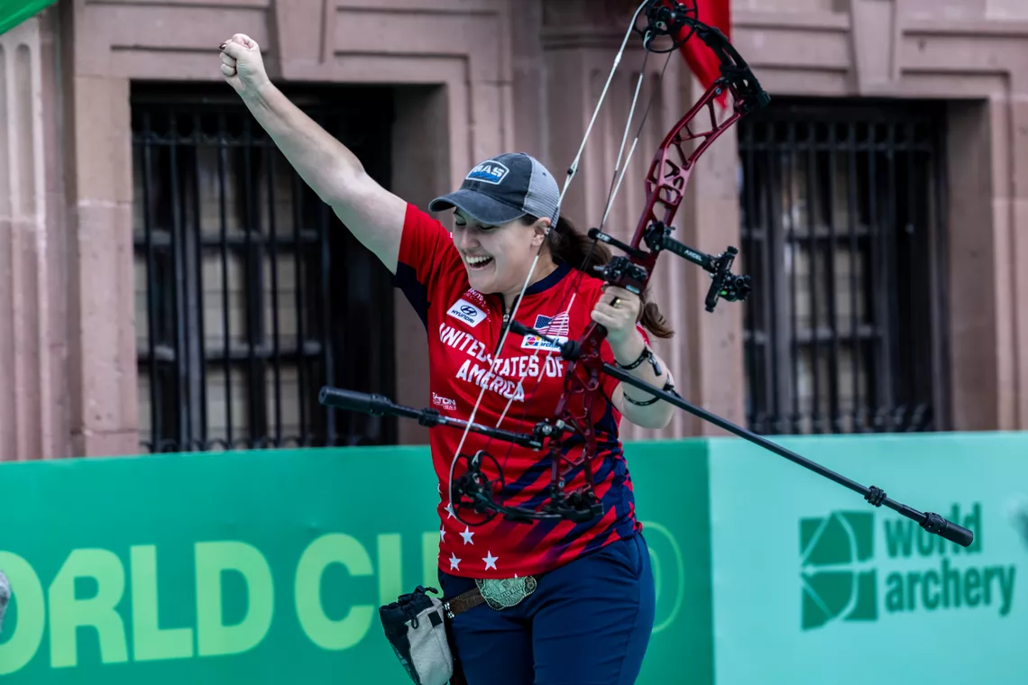 Alexis Ruiz punching in the air after winning the Saltillo 2026 compound women World Cup Final.