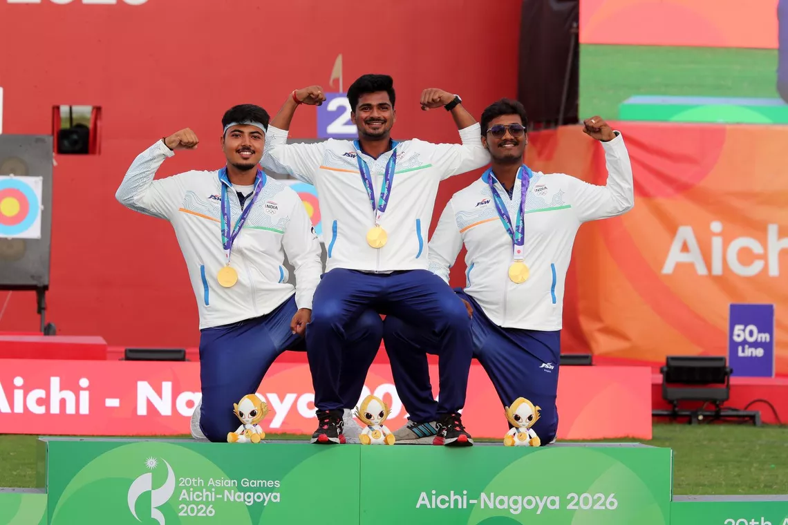 Athletes celebrate on the podium