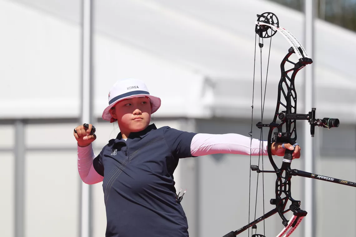 Kang Yeonseo just after release in the compound women Asian Games bronze match.