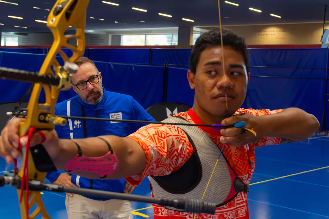 Jeremy Collier training under the direction of World Archery Excellence Centre coach Howard Cathering.