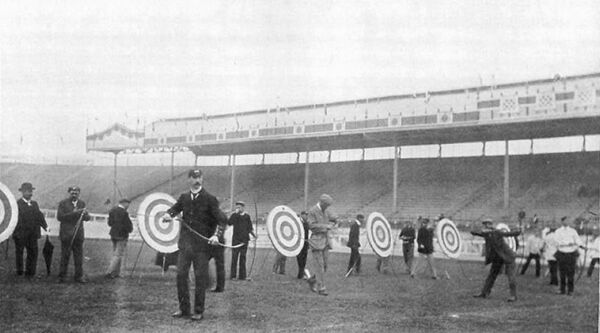 Archers compete at the London 1908 Olympic Games.