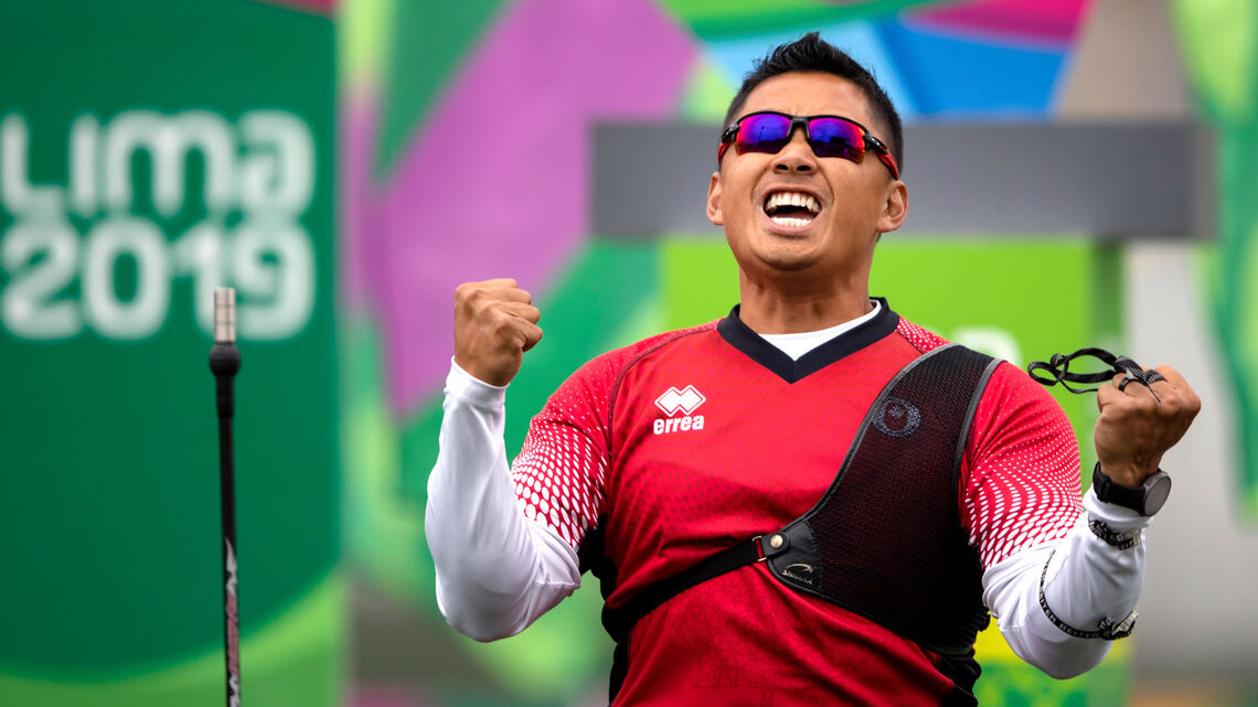 Crispin Duenas celebrates winning the 2019 Pan Am Games.