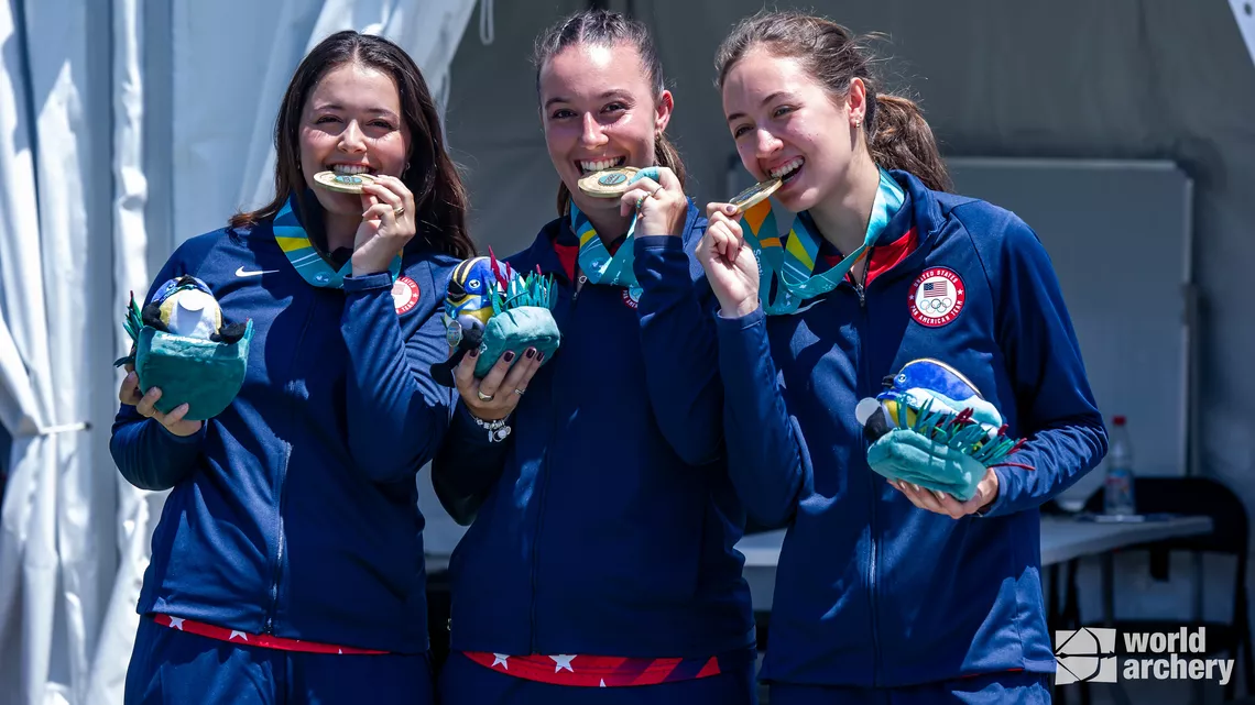 The USA’s recurve women’s gold medal-winning team at Santiago 2023.