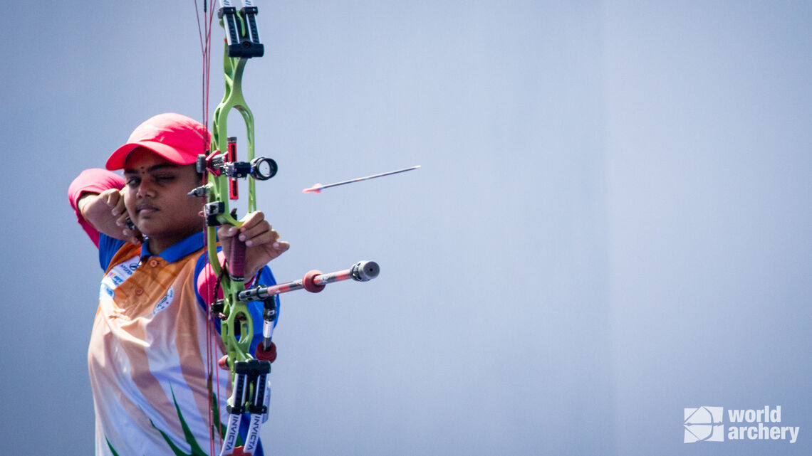 Jyothi Surekha Vennam shoots during the 2021 Asian Championships in Dhaka.