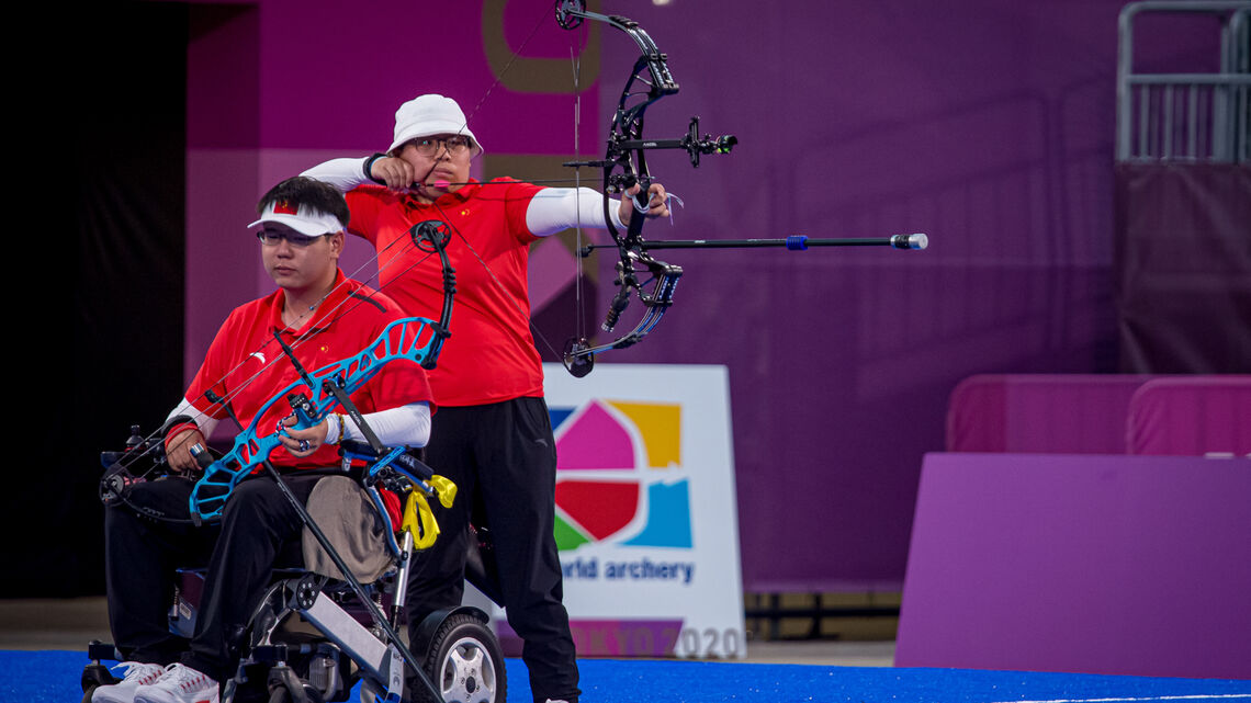 China shoots during the compound mixed team finals at the Tokyo 2020 Paralympic Games.