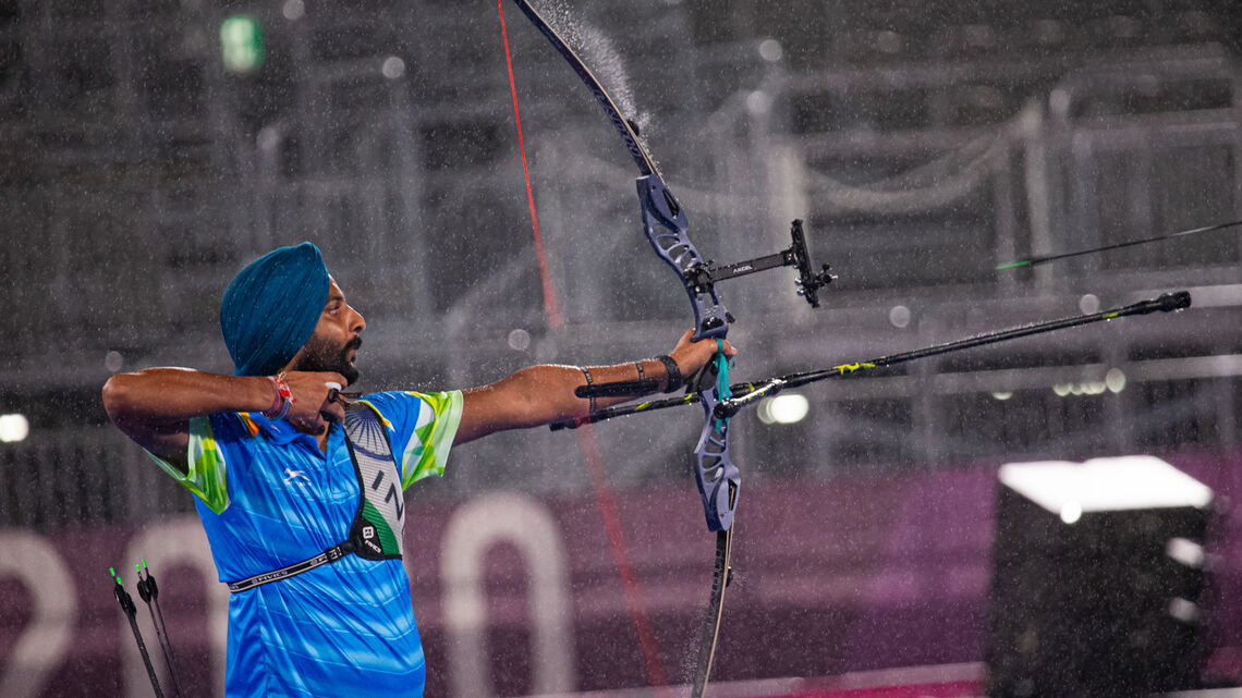 Harvinder Singh shoots at the Tokyo 2020 Paralympic Games.