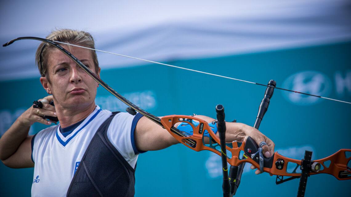Evangelia Psarra shoots during the final qualifier for the Tokyo 2020 Olympic Games.