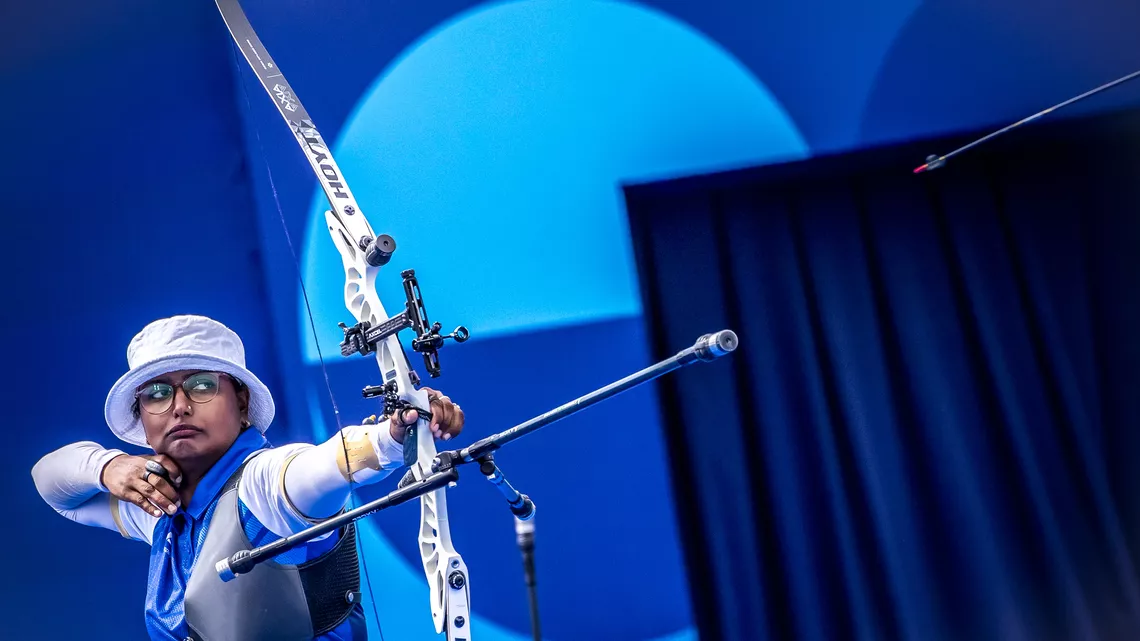 Deepika Kumari during eliminations at Paris 2024 Olympics.