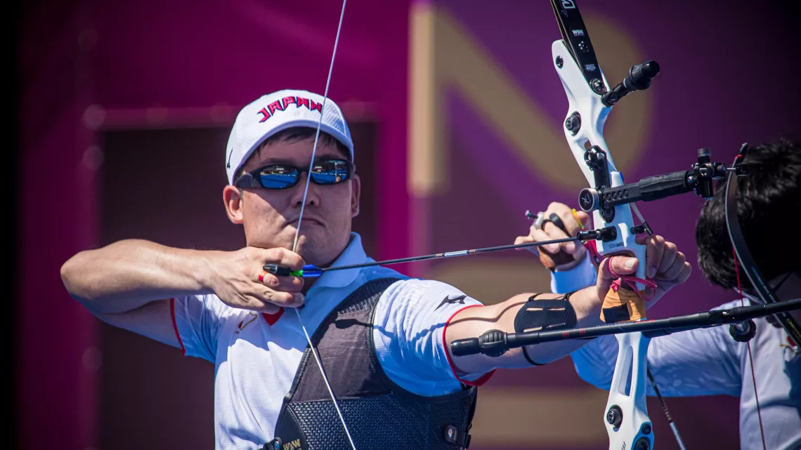 Takaharu Furukawa shoots during practice at the Tokyo 2020 Olympic Games.