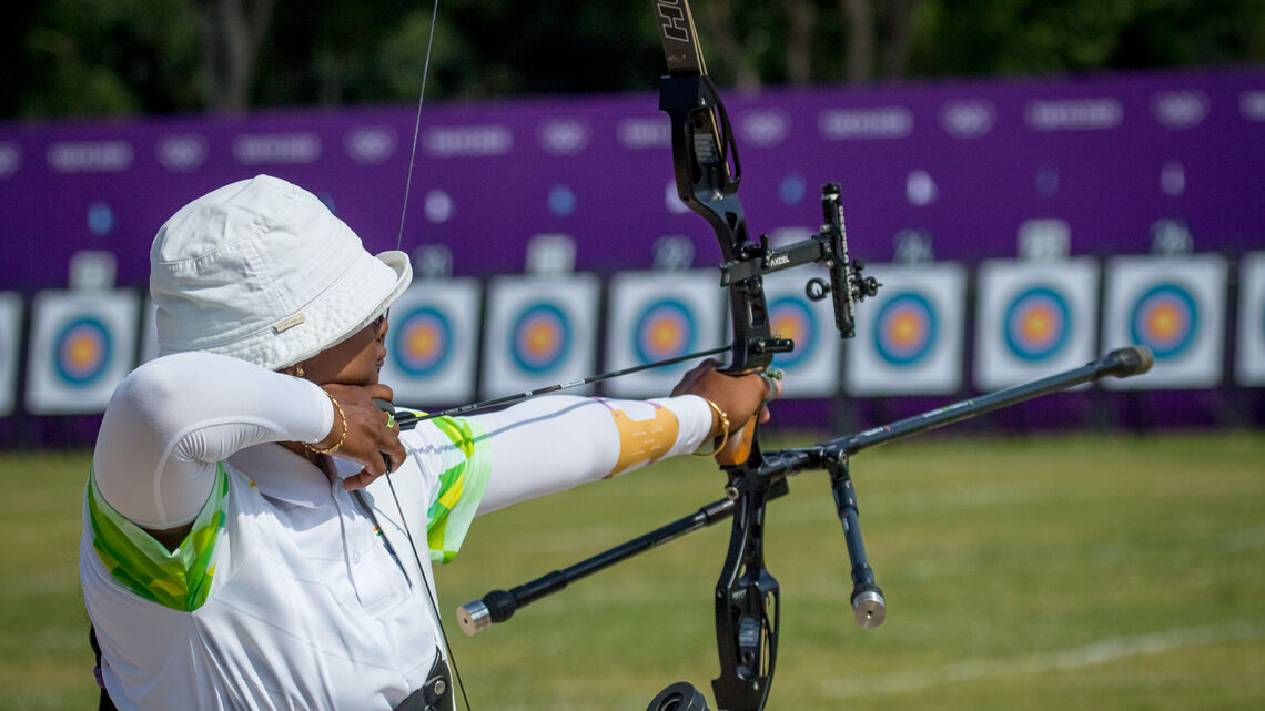 Deepika Kumari shoots during qualifying at the Tokyo 2020 Olympic Games.