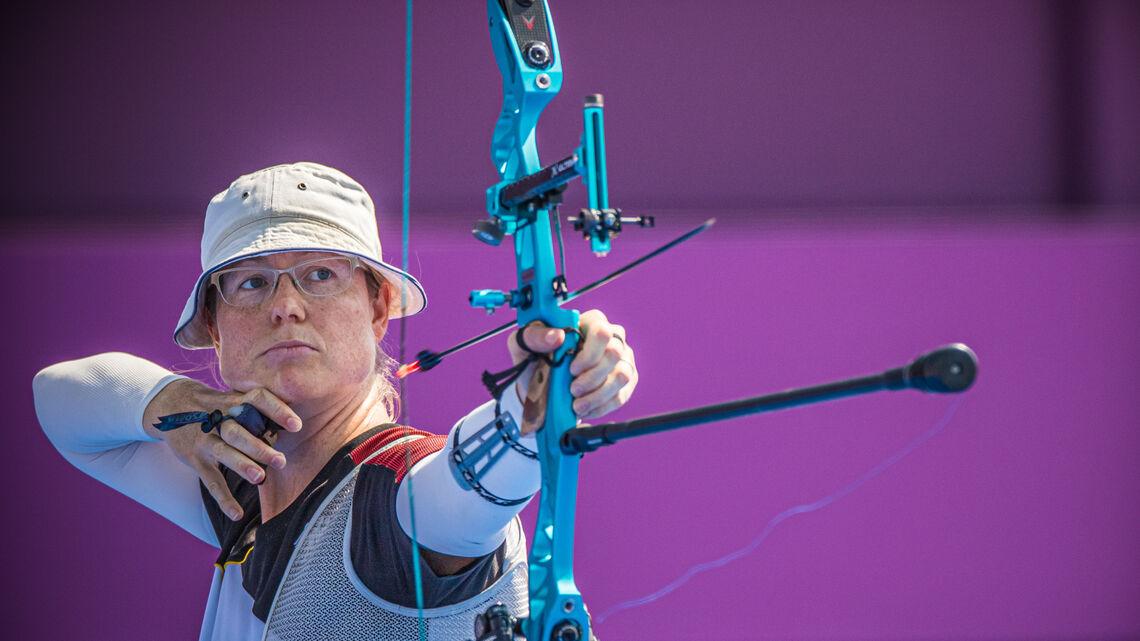 Lisa Unruh shoots at the Tokyo 2020 Olympic Games.