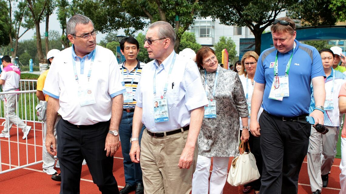 Jacques Rogge visits the archery venue at the Nanjing 2014 Youth Olympic Games.
